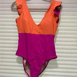 summersalt Two-Tone V-Neck One-Piece Swimsuit - Orange & Fuchsia